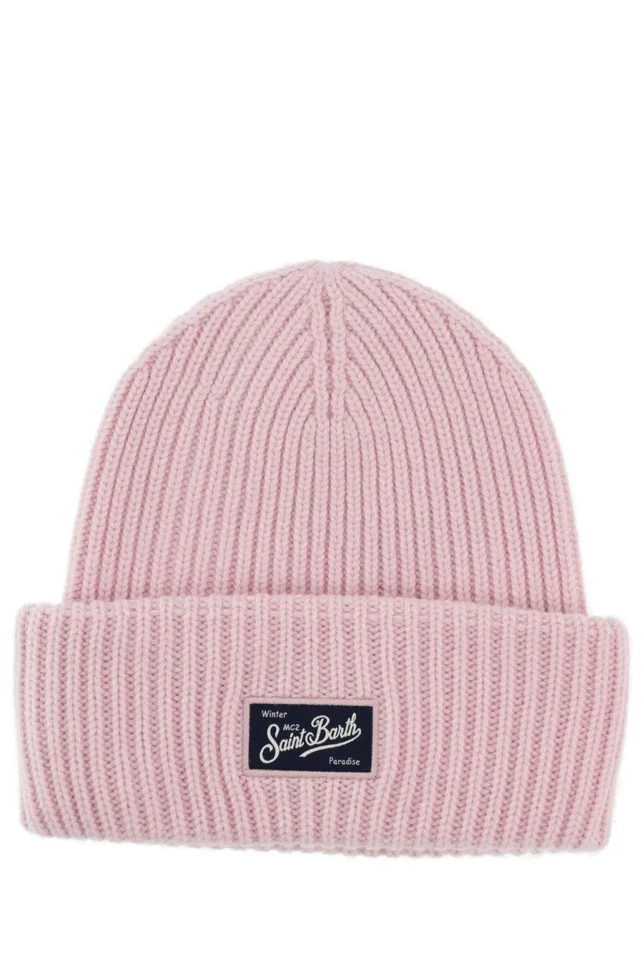 Pink ribbed knit beanie with folded cuff and black patch featuring white text from mc2 saint barth