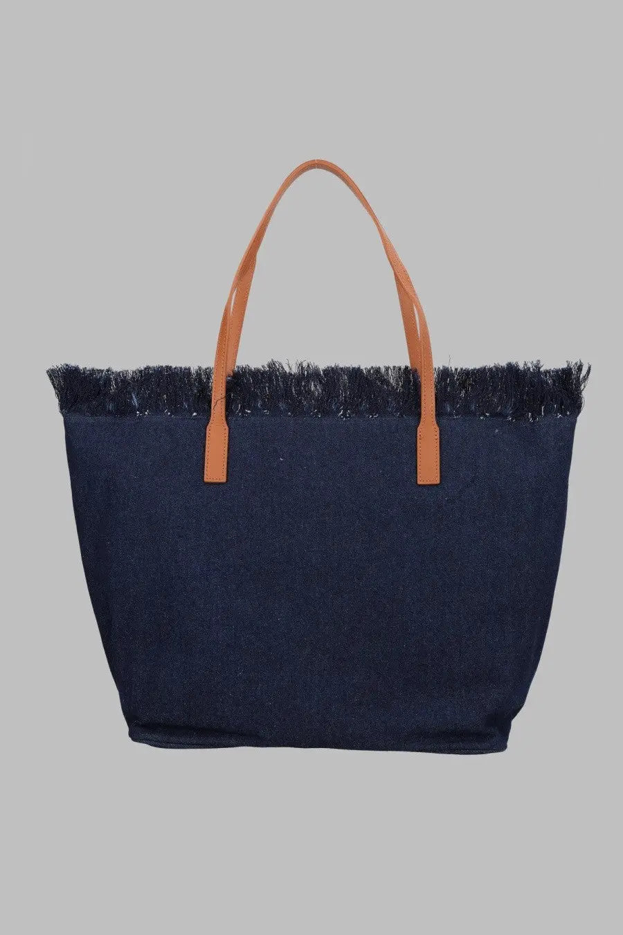 Navy blue canvas tote bag with tan leather handles and frayed top edge from Mc2 Saint Barth women’s borsa city in denim
