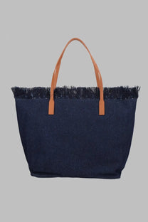 Navy blue canvas tote bag with tan leather handles and frayed top edge from Mc2 Saint Barth women’s borsa city in denim