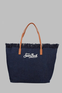Navy blue canvas tote bag with tan leather handles and white embroidered saint barth logo by Mc2 Saint Barth