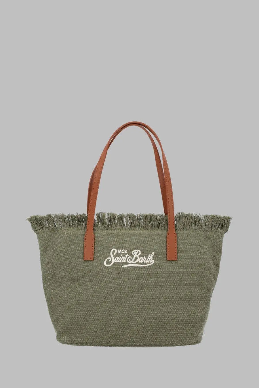 Olive green canvas tote bag with tan leather handles and frayed edge featuring white embroidered mc2 saint barth logo