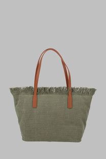 Olive green canvas tote bag with tan leather handles and fringed top edge from Mc2 Saint Barth women’s collection