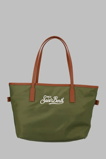 Olive green canvas tote bag with brown leather handles and white mc2 saint barth logo embroidered on front