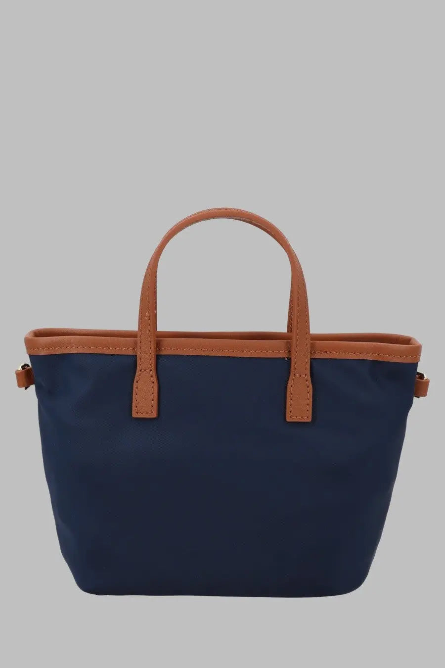 Navy blue canvas tote bag with tan leather handles and trim from mc2 saint barth borsa city in nylon blue