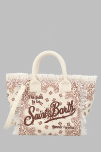 Cream-colored canvas tote bag with brown paisley print frayed edges and Saint Barth bold script Mc2 Saint Barth Colette