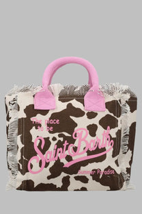 Mc2 Saint Barth women’s borsa Colette canvas tote bag pink and brown cow print with frayed edges and matching logo