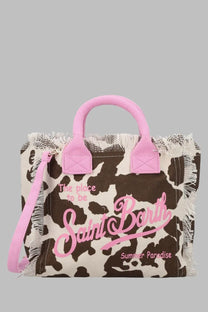 Mc2 Saint Barth women’s borsa Colette canvas tote bag in pink and brown cow print with frayed edges and logo