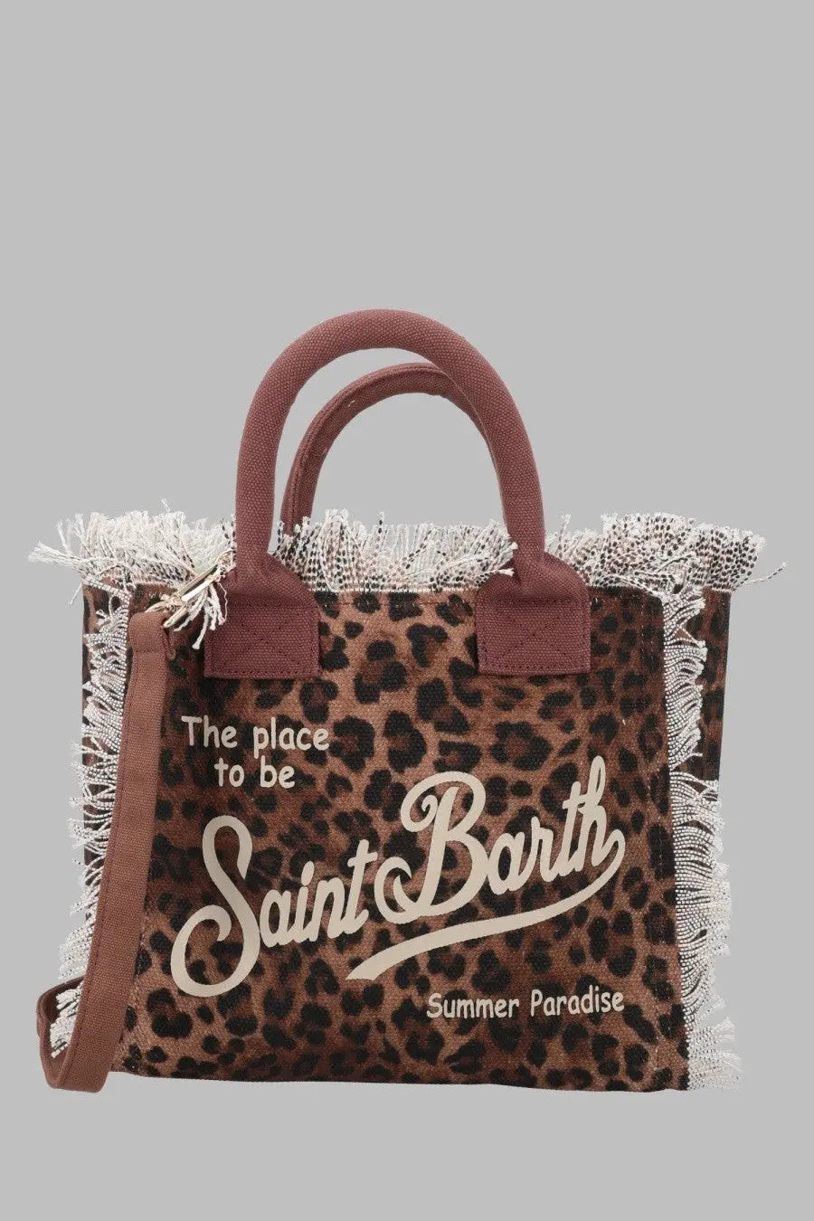 Brown leopard-print canvas tote bag with frayed white fringe and maroon handles by Mc2 Saint Barth