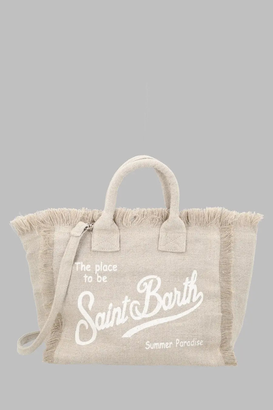 Beige canvas tote bag mc2 saint barth borsa colette with frayed edges and white saint barth summer paradise lettering