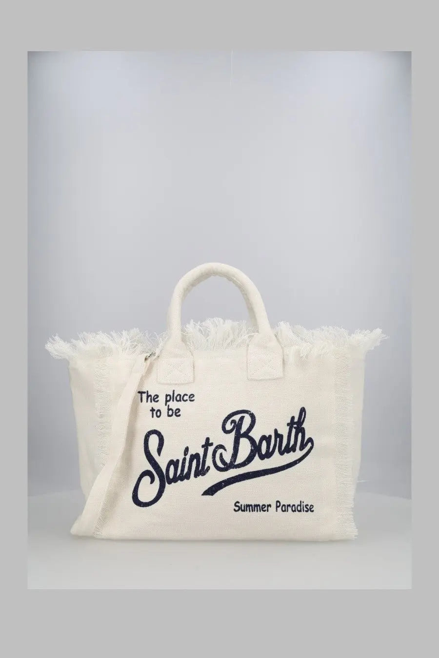 Cream-colored canvas tote bag with frayed edges and black embroidery from Mc2 Saint Barth Borsa Colette in Lino White