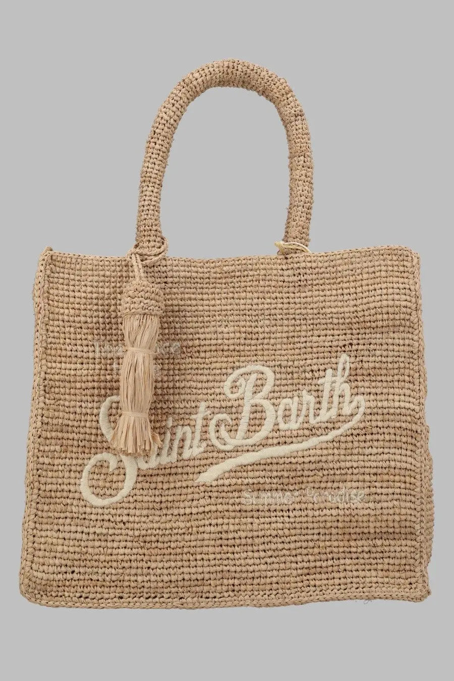 Beige woven straw tote bag with cream Saint Barth embroidery and matching tassel accent Mc2 Saint Barth Borsa Colette