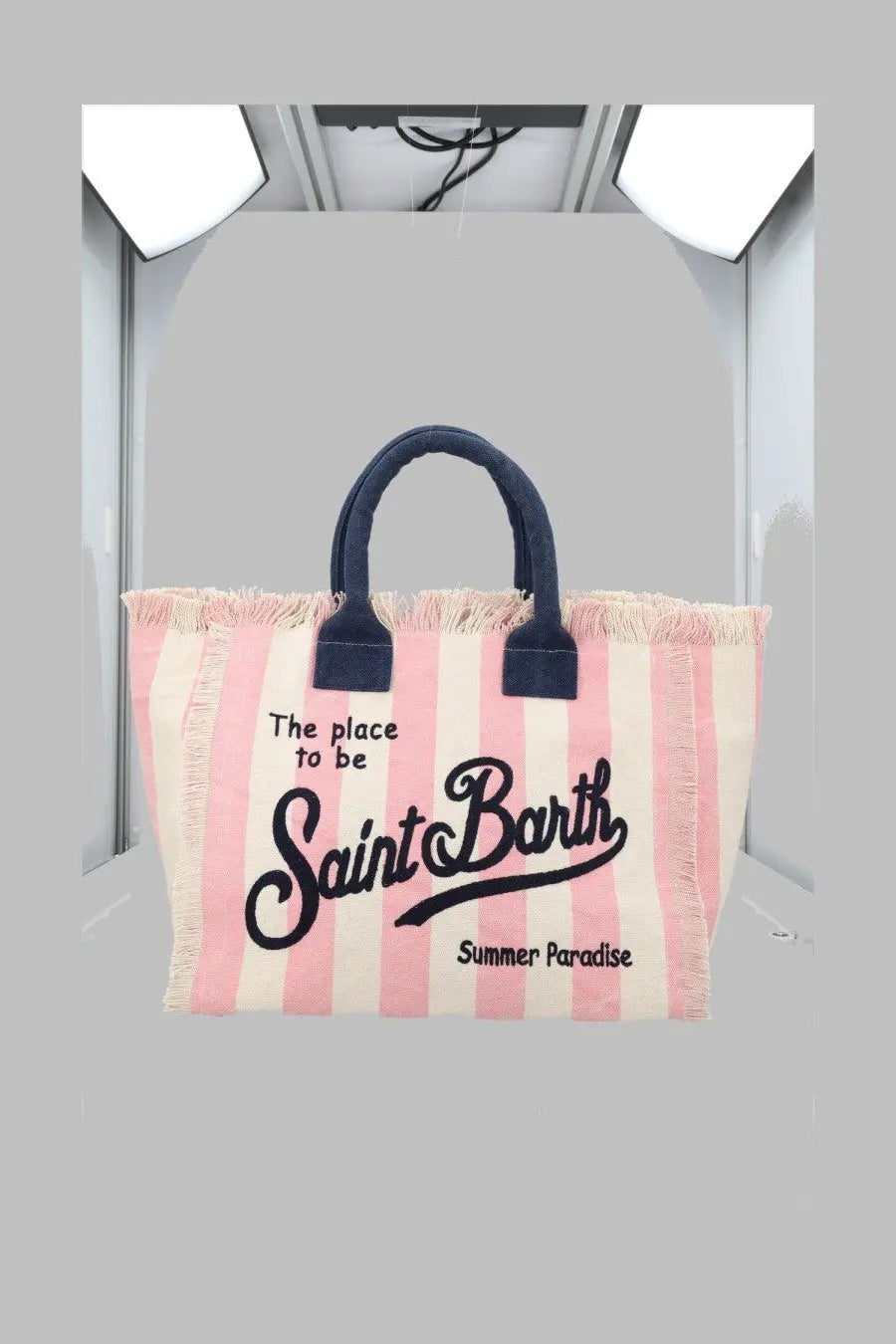 Mc2 Saint Barth women’s borsa vanity medium canvas tote bag pink and white stripes navy handles summer paradise text