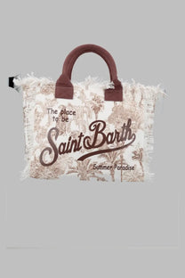 Mc2 saint barth women borsa vanity medium cream canvas tote bag with brown leather handles and tropical palm print