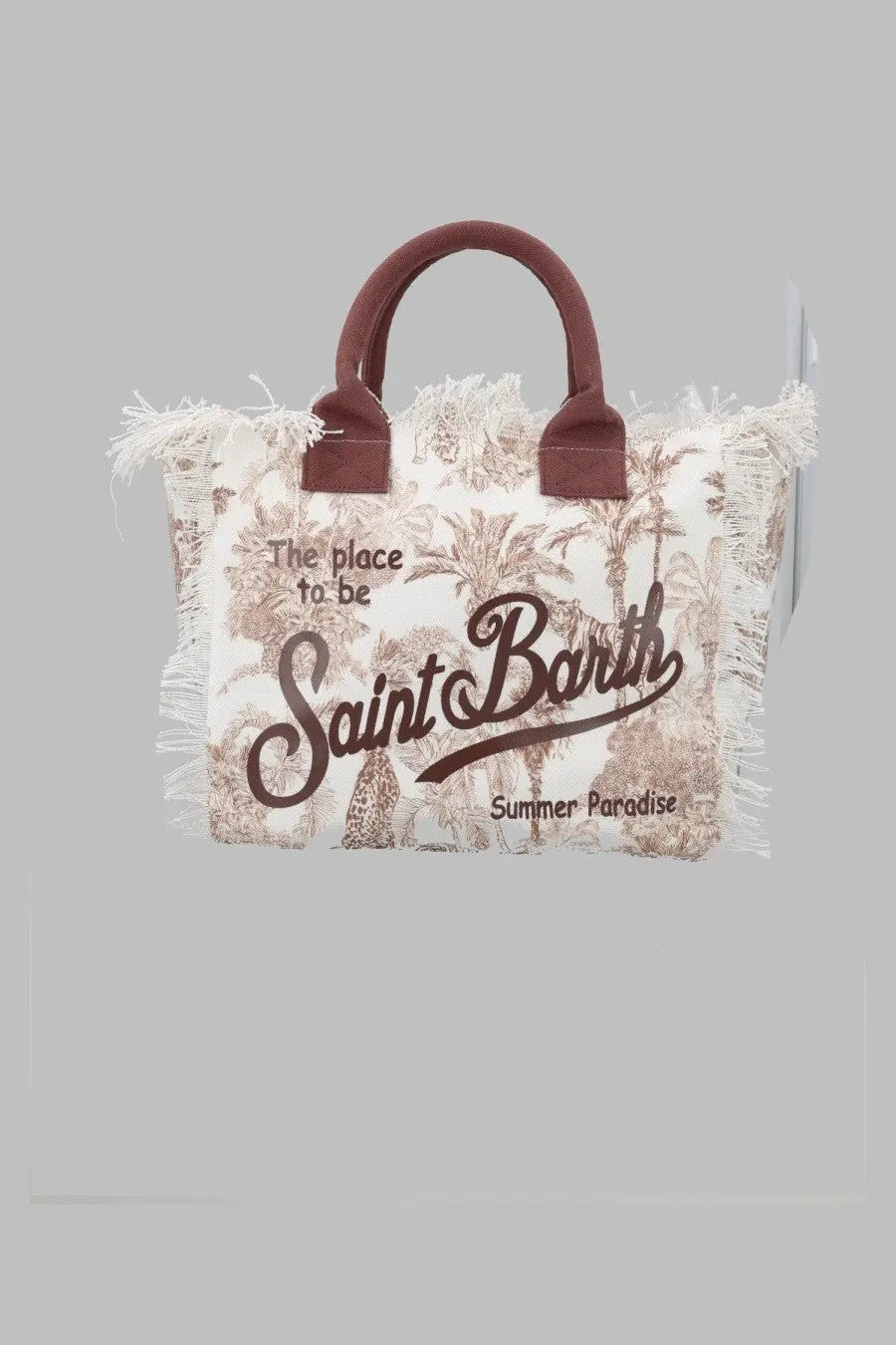 Mc2 saint barth womens borsa vanity medium canvas tote bag with brown frayed edges and beige palm tree giraffe print