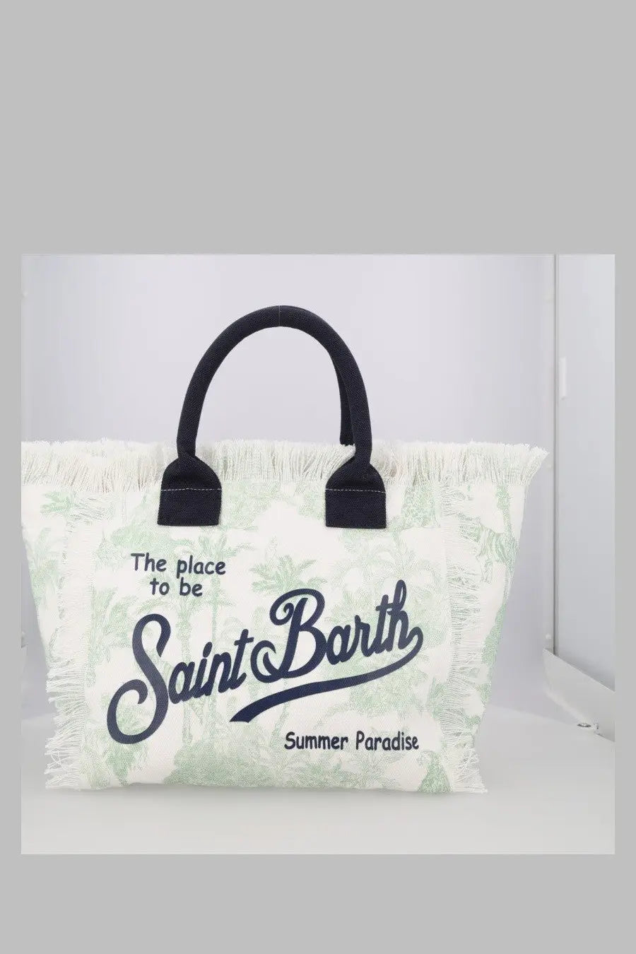 Mc2 Saint Barth women’s borsa vanity medium canvas tote white with black handles green palm tree print and navy script text