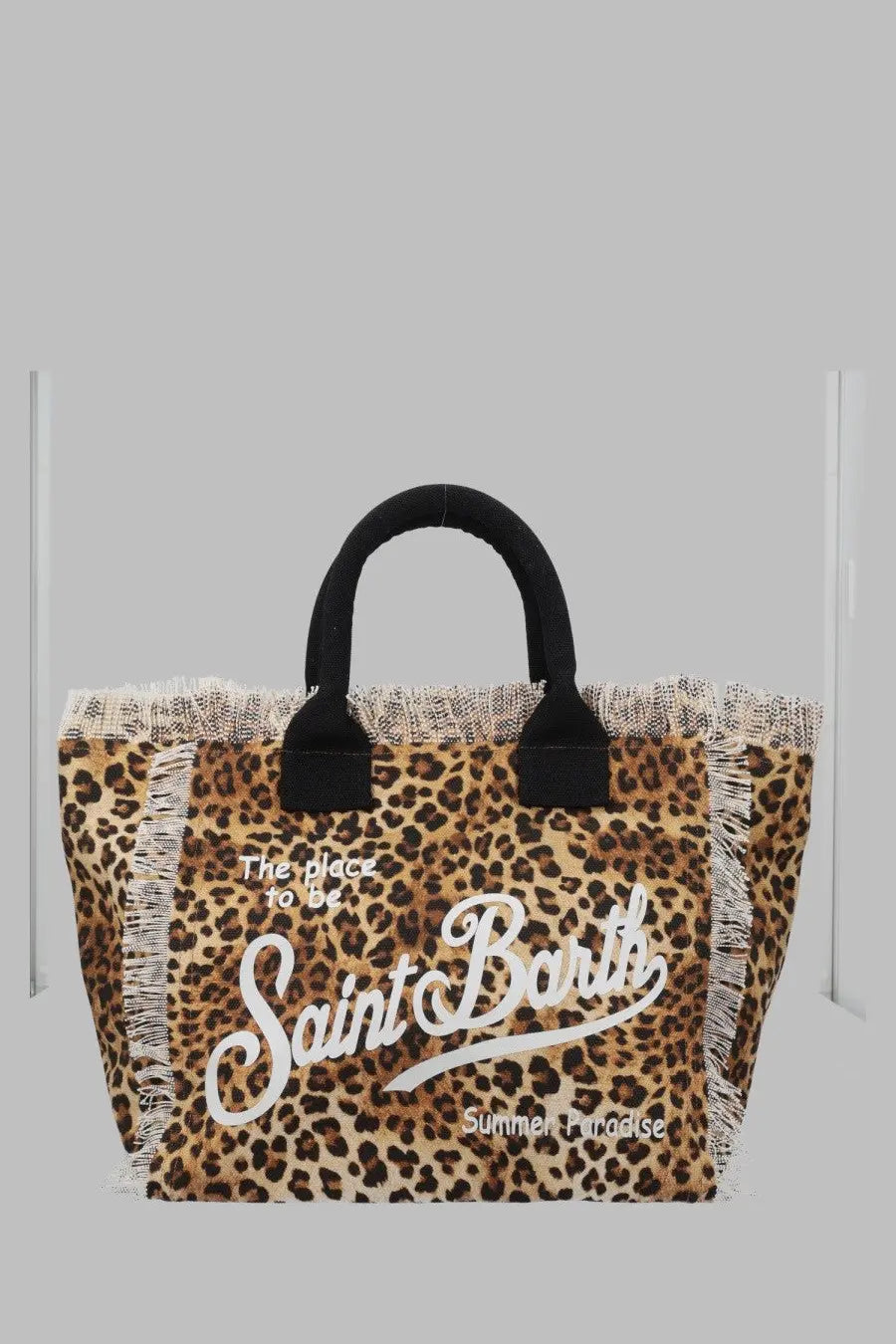 Mc2 saint barth women’s borsa vanity medium leopard print canvas tote bag with black handles and white frayed trim