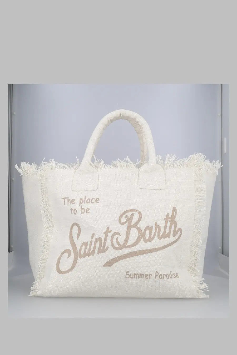 Cream-colored canvas Mc2 Saint Barth medium tote bag with frayed edges and beige saint barth summer paradise script