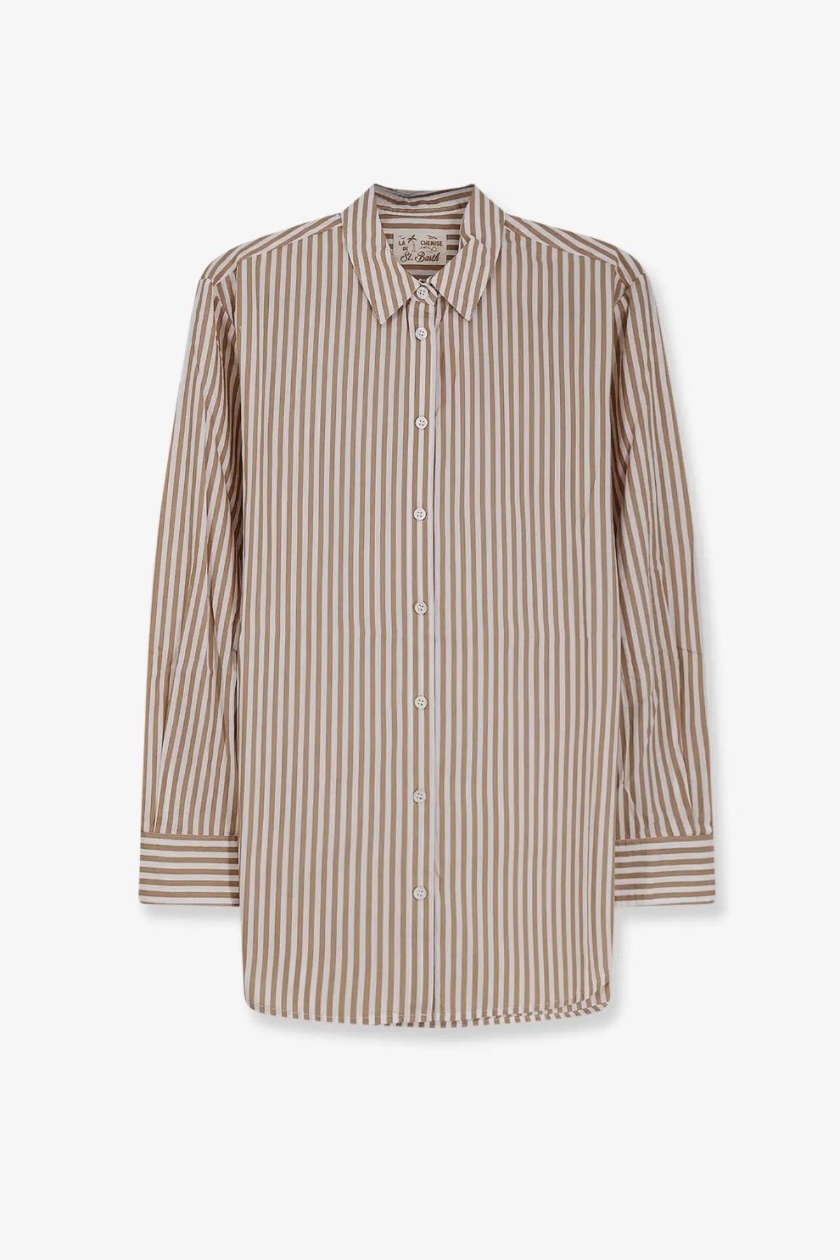 Mc2 saint barth women’s brigitte striped cotton shirt featuring beige and brown vertical stripes with a classic collar