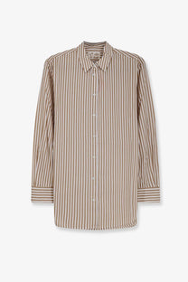Mc2 saint barth women’s brigitte striped cotton shirt featuring beige and brown vertical stripes with a classic collar