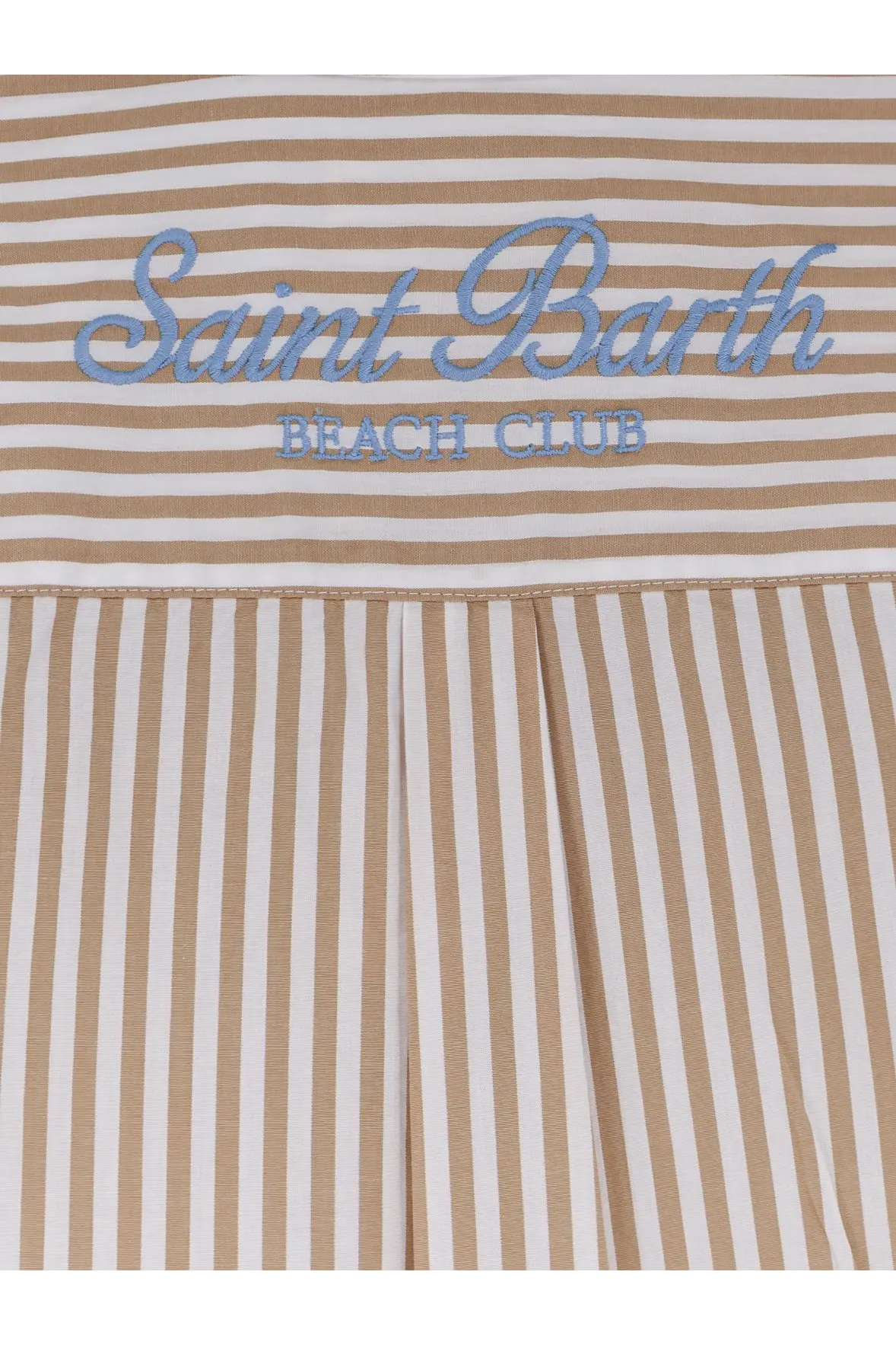 Mc2 Saint Barth women’s Brigitte striped cotton dress in beige and white with Saint Barth Beach Club embroidery