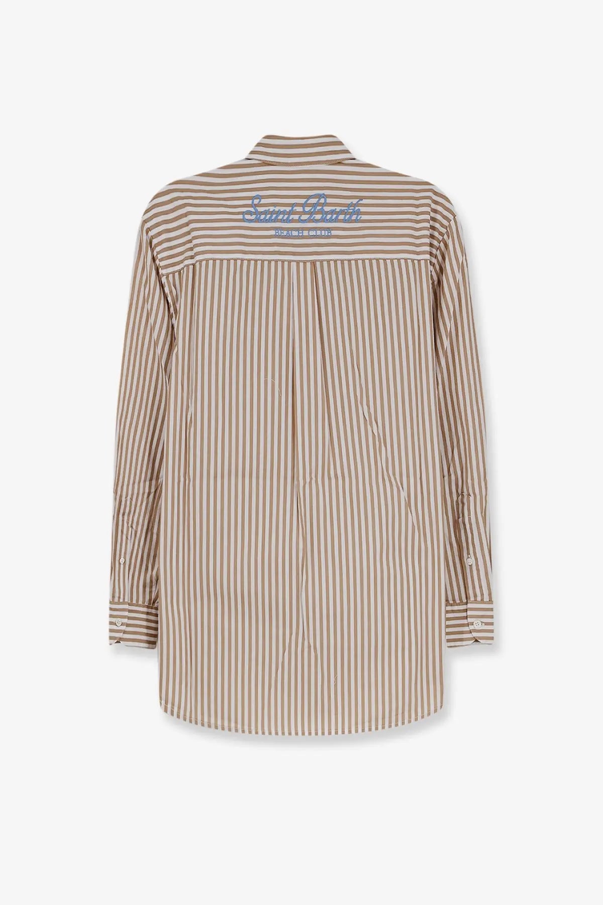 Back side of mc2 saint barth women’s brigitte striped cotton shirt with beige brown vertical stripes and blue embroidered logo