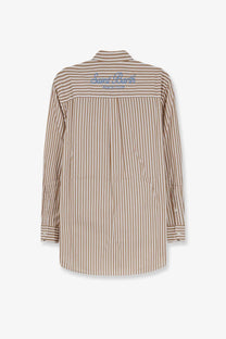 Back side of mc2 saint barth women’s brigitte striped cotton shirt with beige brown vertical stripes and blue embroidered logo