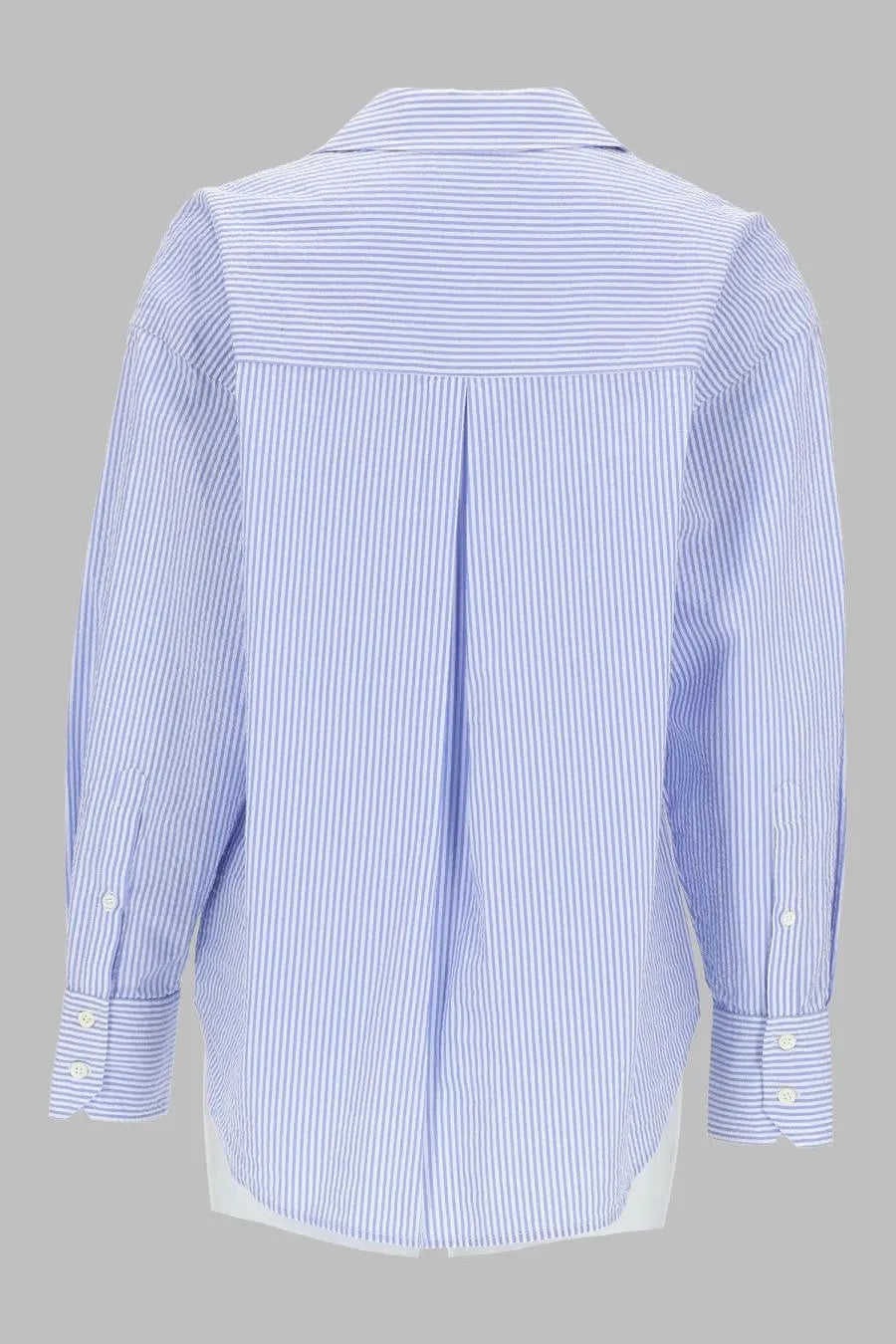 Mc2 Saint Barth women’s light blue and white striped long-sleeved button-up shirt with classic collar and pleated back shown from the back