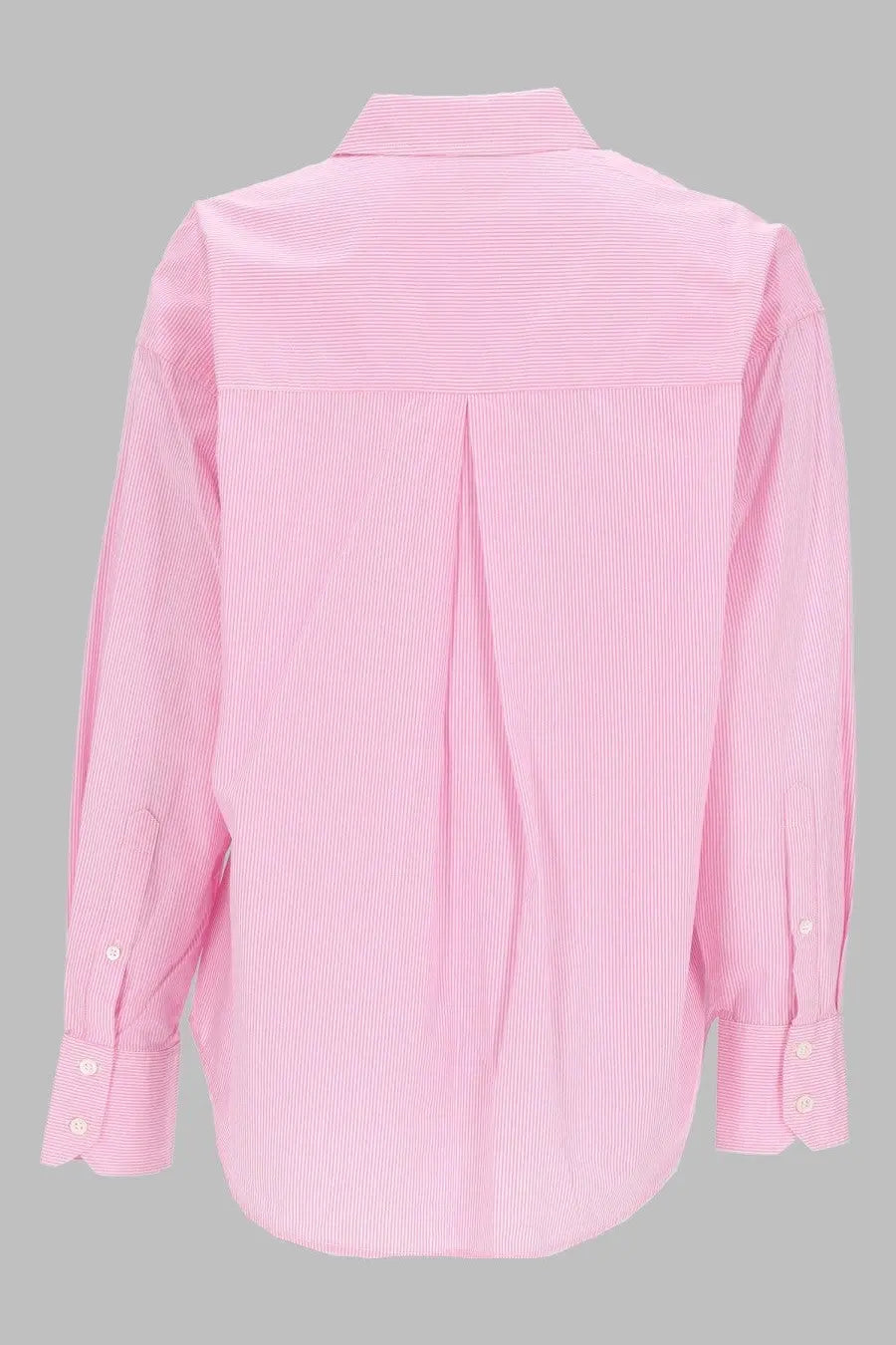 Mc2 Saint Barth women’s pink striped long-sleeved button-down shirt with classic collar and pleated back shown from the back