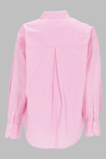 Mc2 Saint Barth women’s pink striped long-sleeved button-down shirt with classic collar and pleated back shown from the back
