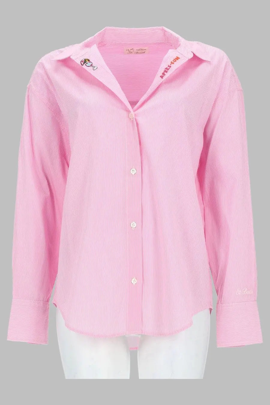 Mc2 Saint Barth women’s pink and white striped long-sleeved button-up shirt with collar embroidery blue details