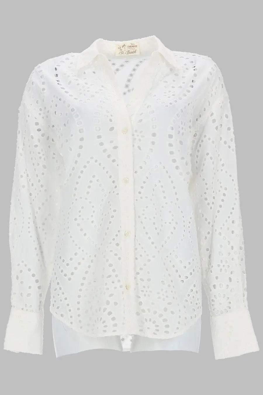 Mc2 Saint Barth women’s camicia white eyelet blouse with classic collar and button-down front in sangallo fabric