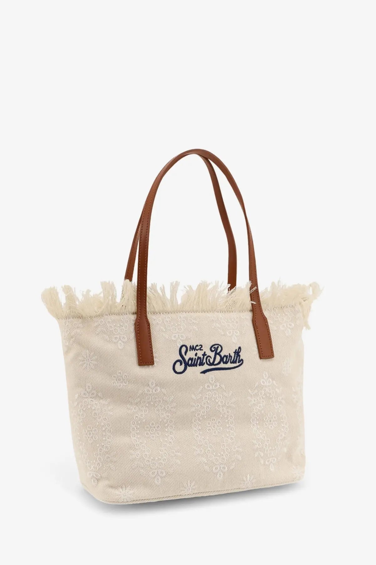 Beige canvas mc2 saint barth city shoulder bag with brown leather handles and navy embroidered logo white model