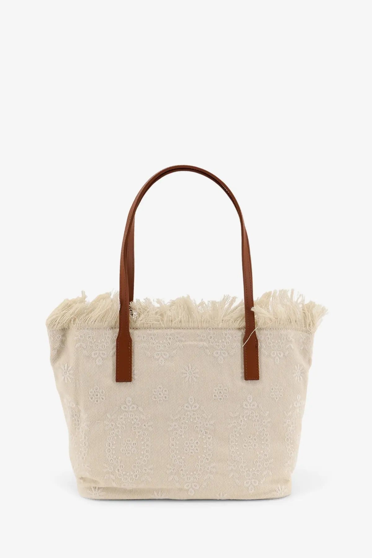 Beige woven Mc2 Saint Barth city tote bag with brown leather handles and frayed top edge in white canvas shoulder style