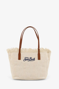 Cream-colored mc2 saint barth women’s city canvas shoulder bag with brown leather handles and embroidered logo