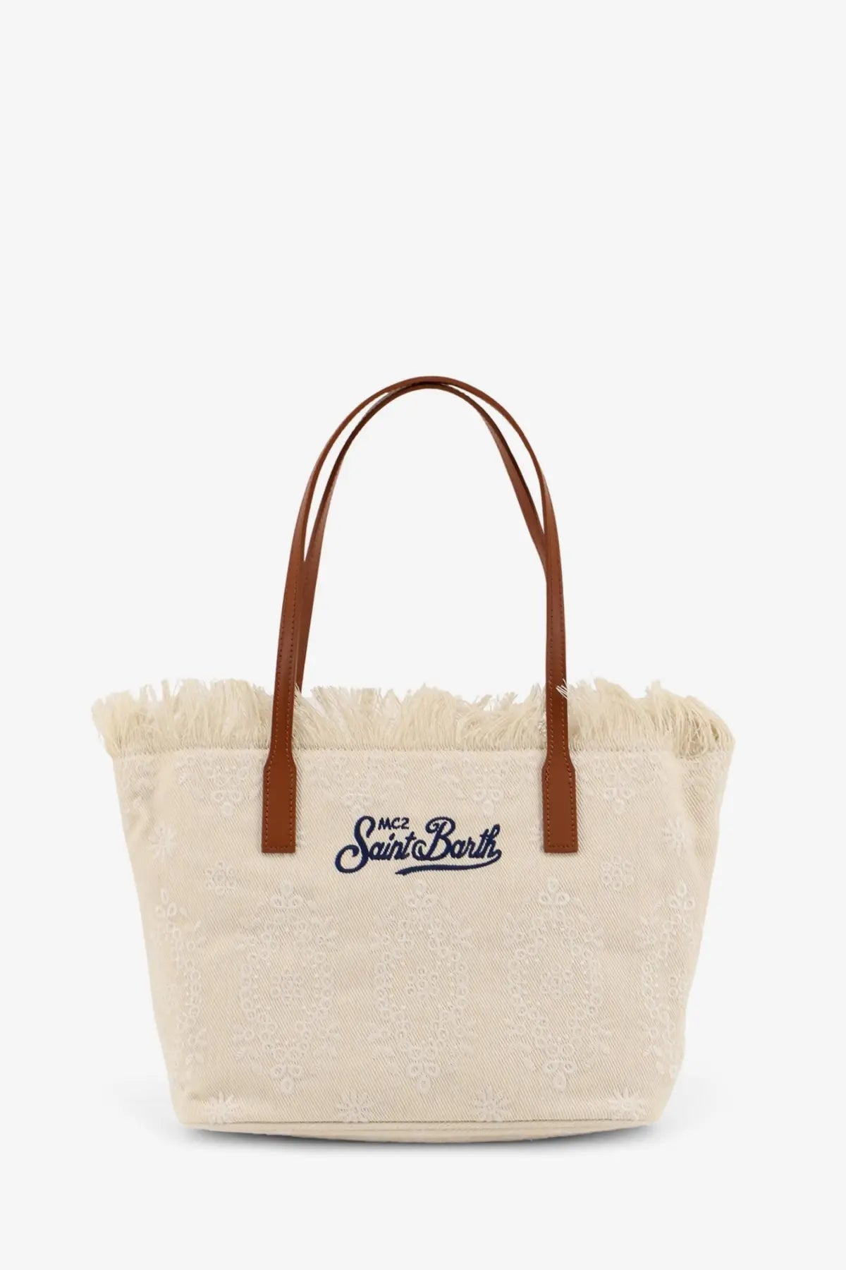 Cream-colored canvas mc2 saint barth city shoulder bag with brown leather handles and embroidered navy logo