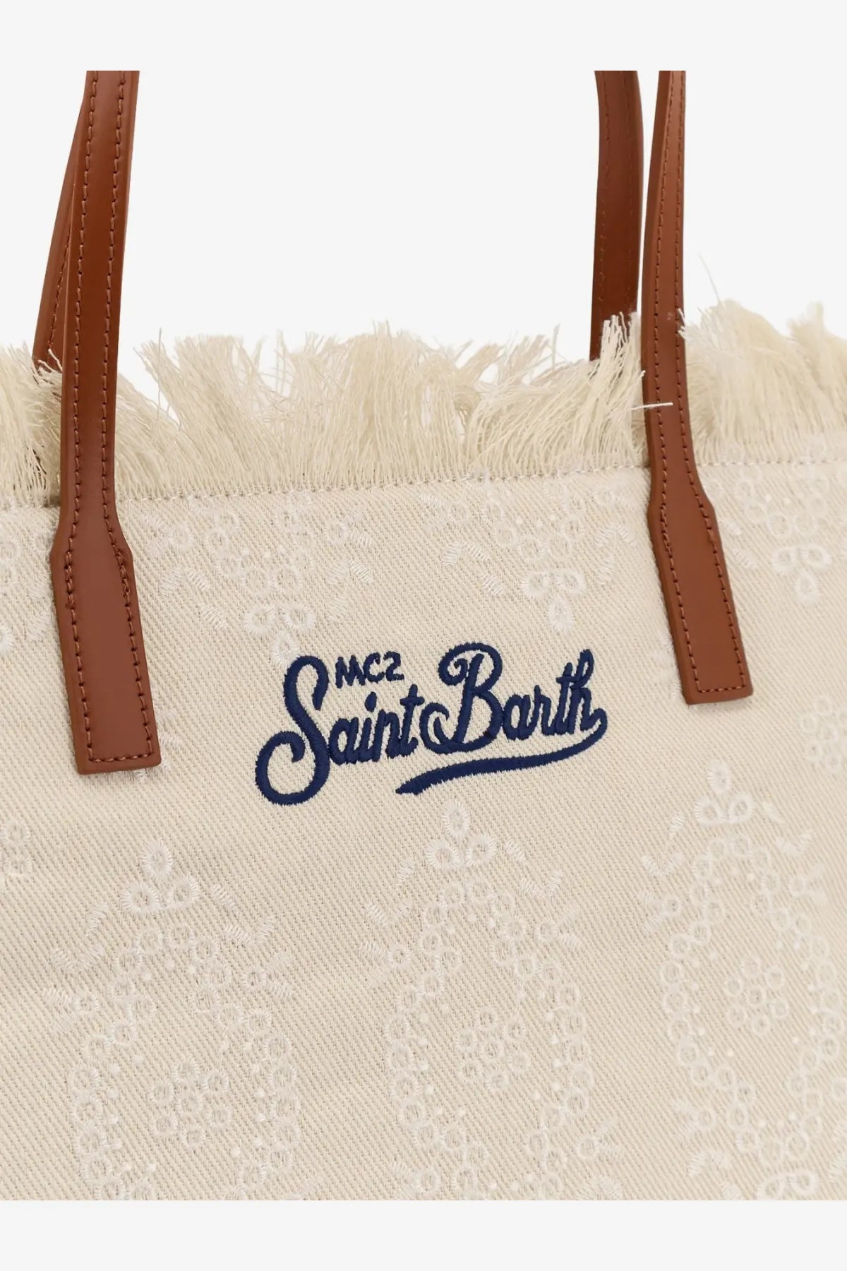 Cream-colored canvas shoulder bag with brown leather handles and navy blue embroidered saint barth logo by Mc2 Saint Barth