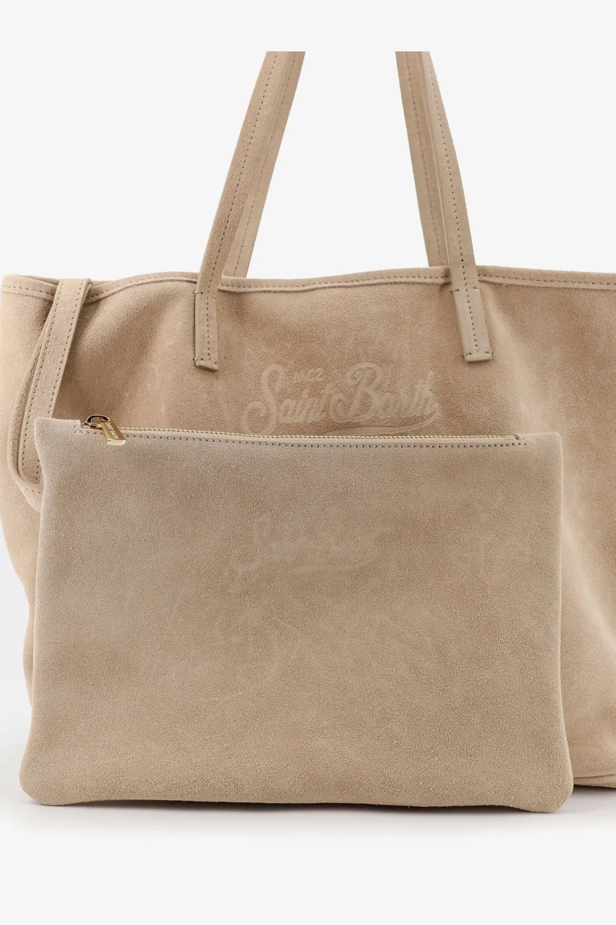 Beige suede mc2 saint barth women city tote bag with matching clutch embossed with subtle sweet saint barth logo