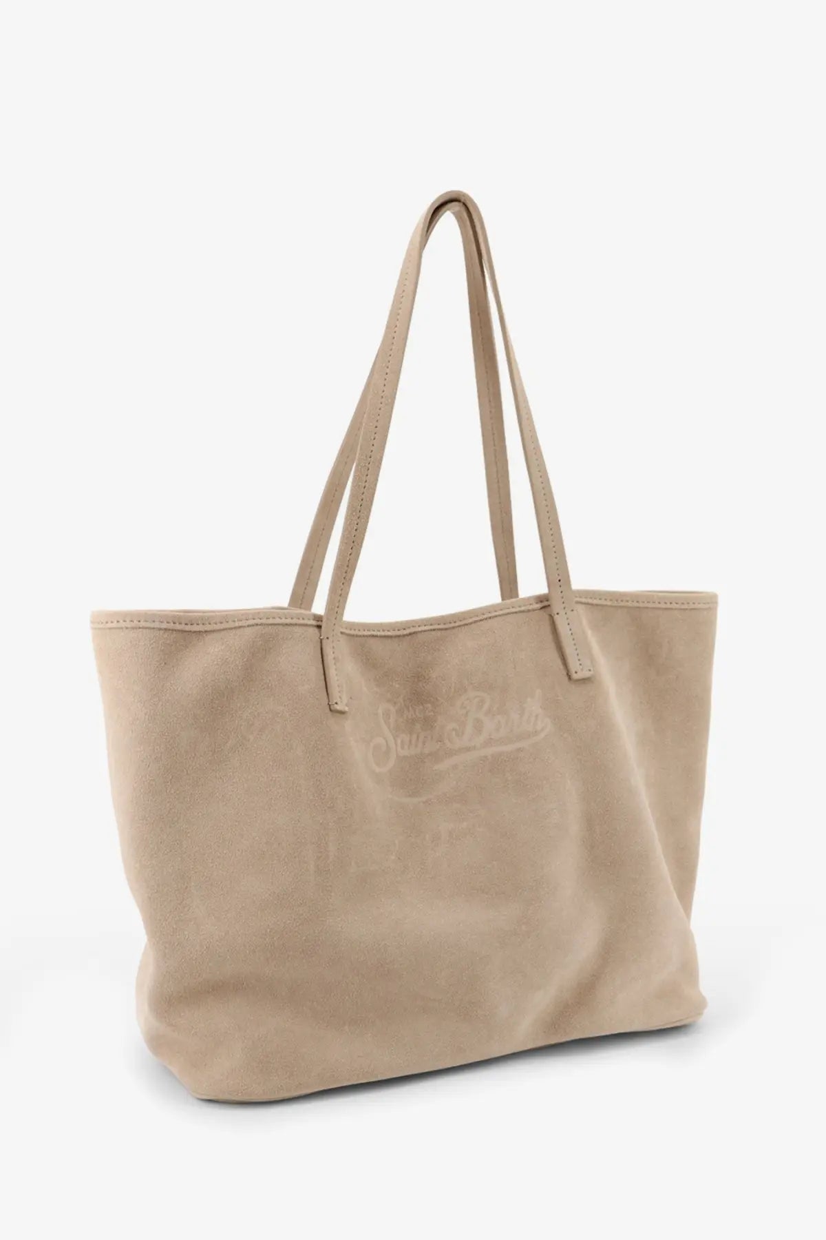 Beige suede mc2 saint barth women city tote bag with matching handles and subtle saint barth logo embroidery