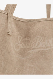 Beige suede mc2 saint barth women’s city tote bag with subtle embossed saint barth logo and shoulder strap