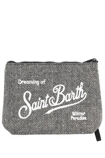 Gray herringbone Mc2 Saint Barth women’s clutch bag Aline black with white embroidered dreaming of saint barth winter paradise text