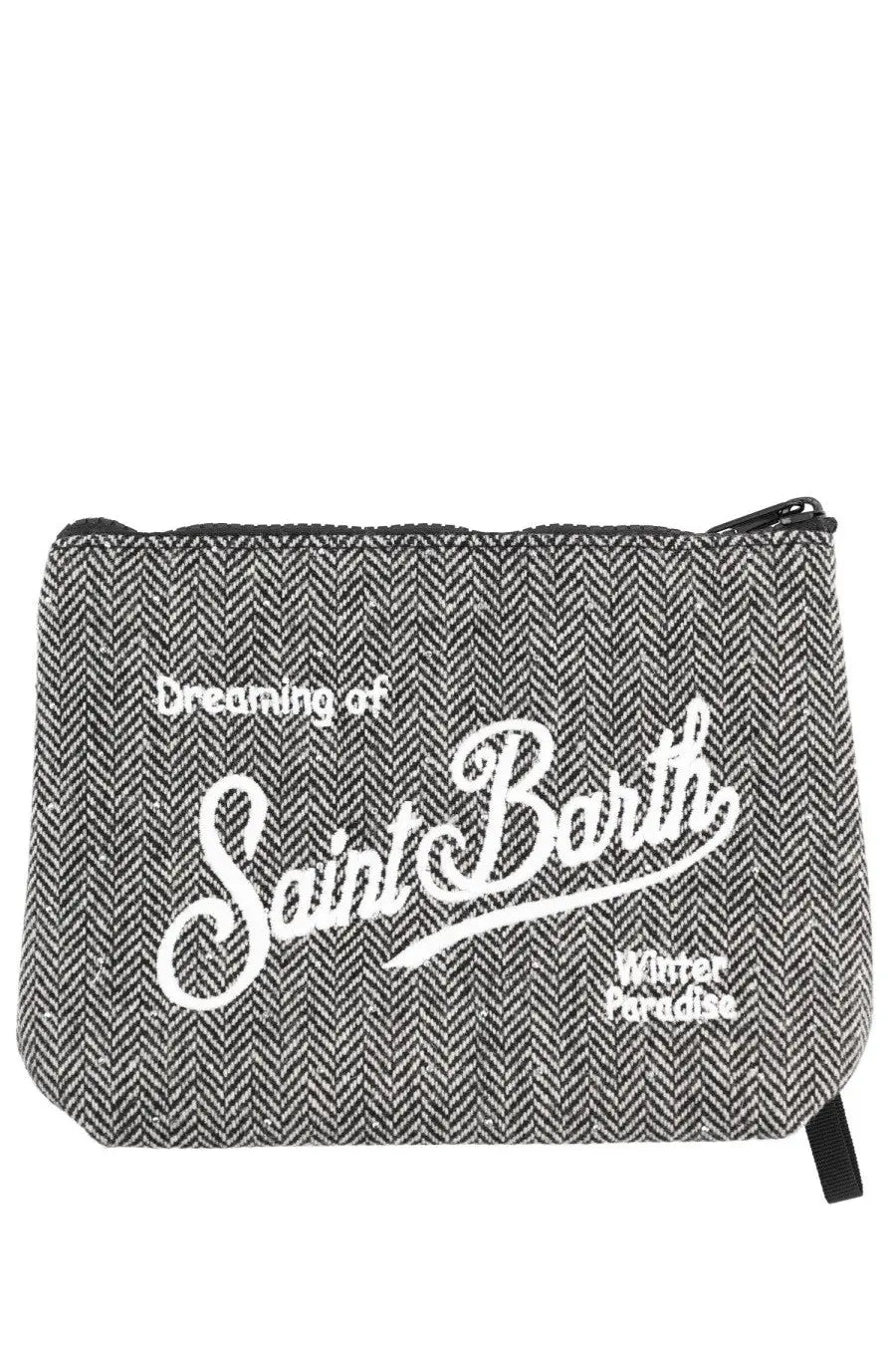 Gray herringbone clutch bag with white embroidered text from Mc2 Saint Barth ideal for stylish everyday use