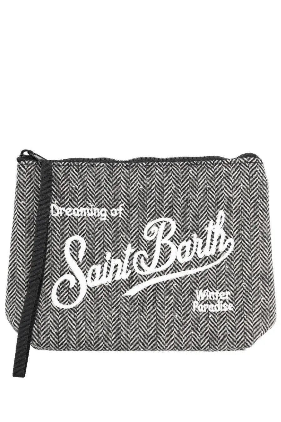 Mc2 Saint Barth women’s black and white herringbone clutch bag with black zipper wrist strap and white dream text