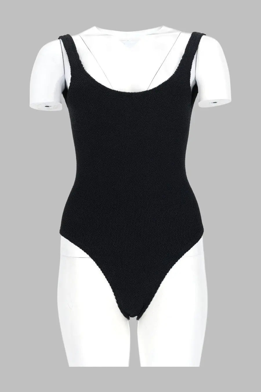 Mc2 Saint Barth women’s black ribbed knit one-piece swimsuit with thin shoulder straps and crinkle texture