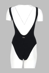 Black ribbed knit one-piece swimsuit with deep v-back and thin straps by mc2 saint barth for women