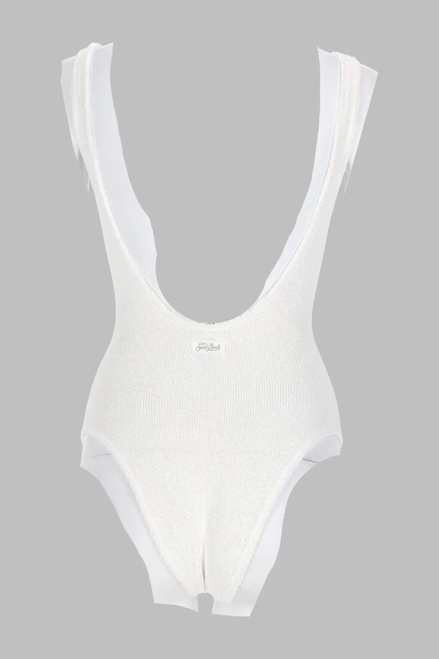 White ribbed knit one-piece swimsuit by mc2 saint barth with wide draped shoulder straps and deep v-back cut shown from back
