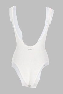 White ribbed knit one-piece swimsuit by mc2 saint barth with wide draped shoulder straps and deep v-back cut shown from back
