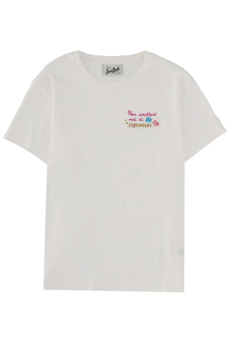 Mc2 Saint Barth women’s white cotton shirt with short sleeves and colorful embroidered text and hand motifs on chest
