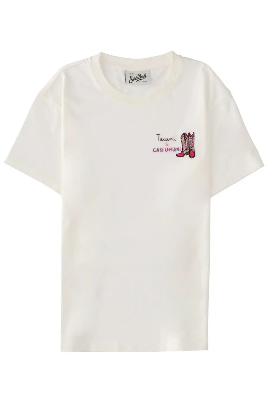 Off-white cotton t-shirt by Mc2 Saint Barth featuring pink embroidered cowboy boots and tearami and casi uman text