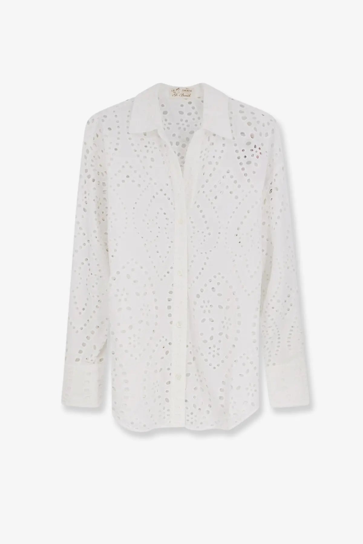 White eyelet blouse with classic collar long sleeves and intricate circular cutout embroidery by mc2 saint barth