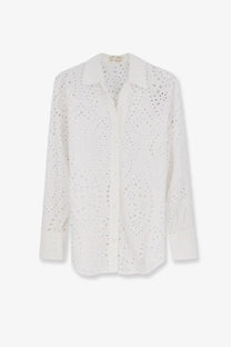 White eyelet blouse with classic collar long sleeves and intricate circular cutout embroidery by mc2 saint barth